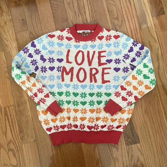 Hulu Love More Rainbow Heart Snowflake Christmas Sweater Men XL Graphic Pullover - Picture 2 of 10